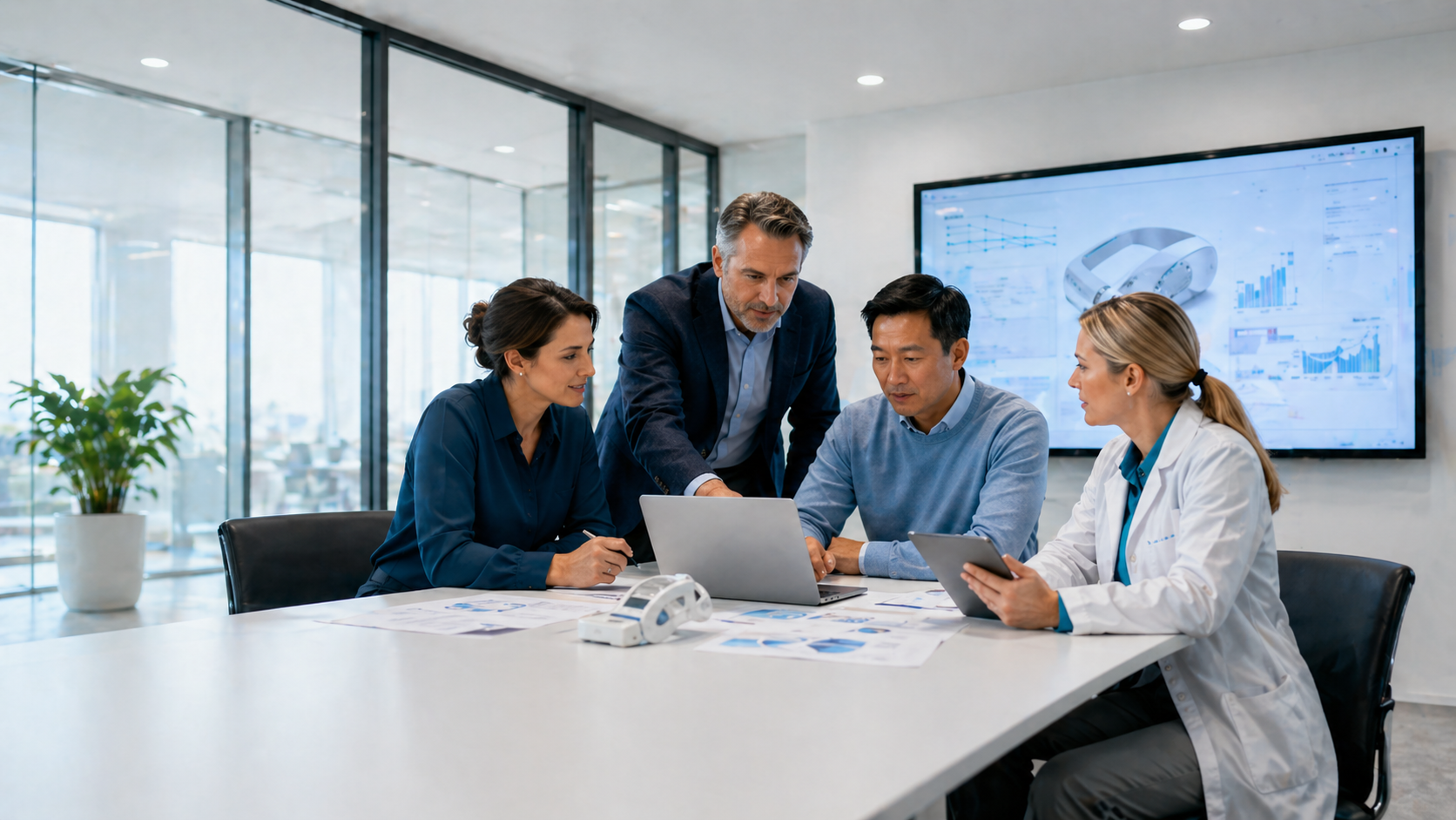 Medical device strategy team reviewing commercialization plans in a modern office