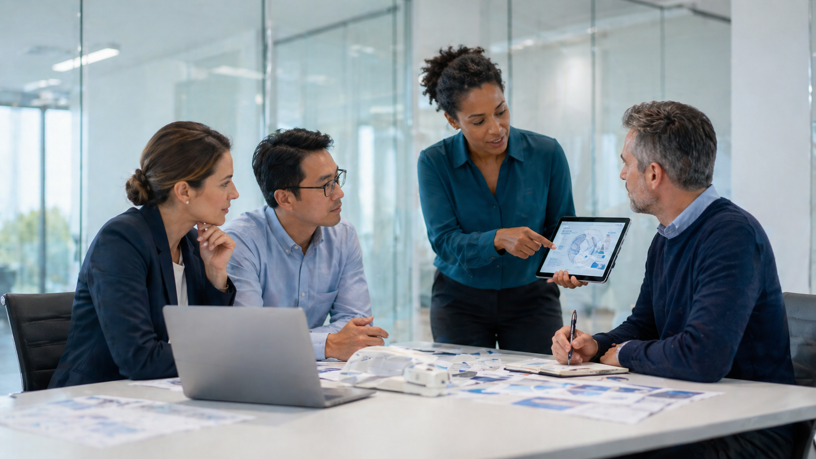 MedTech professionals reviewing a product strategy presentation